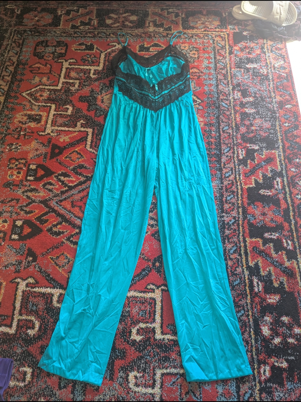 Petra Fashions Teal Wide-Leg Satin Jumpsuit with Black Lace Trim